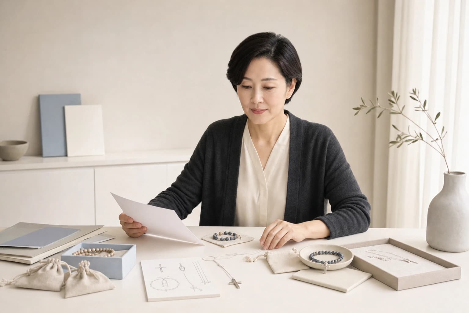 아기돌풍 모퉁이 사업자 정보와 크리스찬 악세사리 운영 무드를 담은 책상 이미지