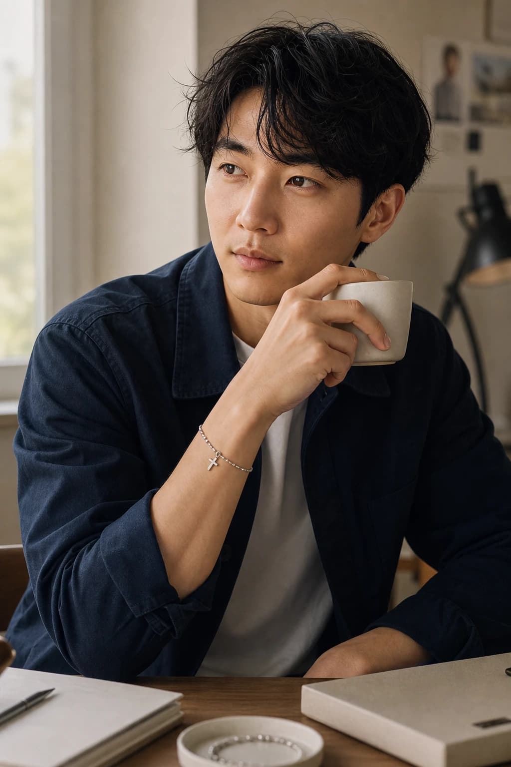 기도 팔찌를 착용하고 컵을 든 모퉁이 디렉터