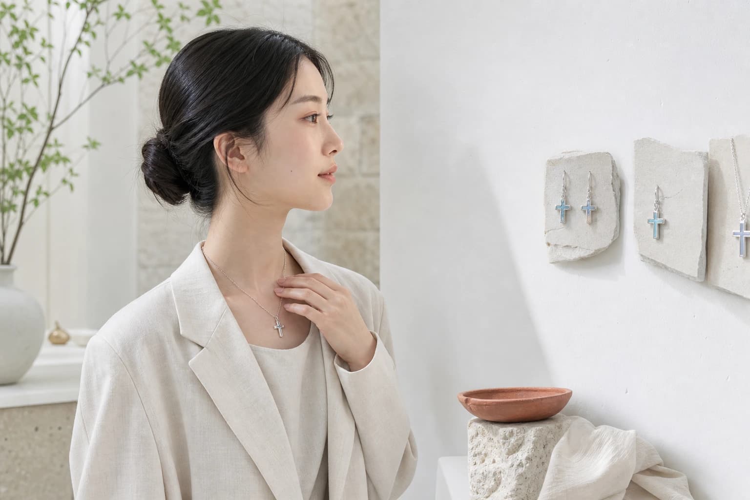 모퉁이 새 십자가 목걸이를 착용해보는 방문자